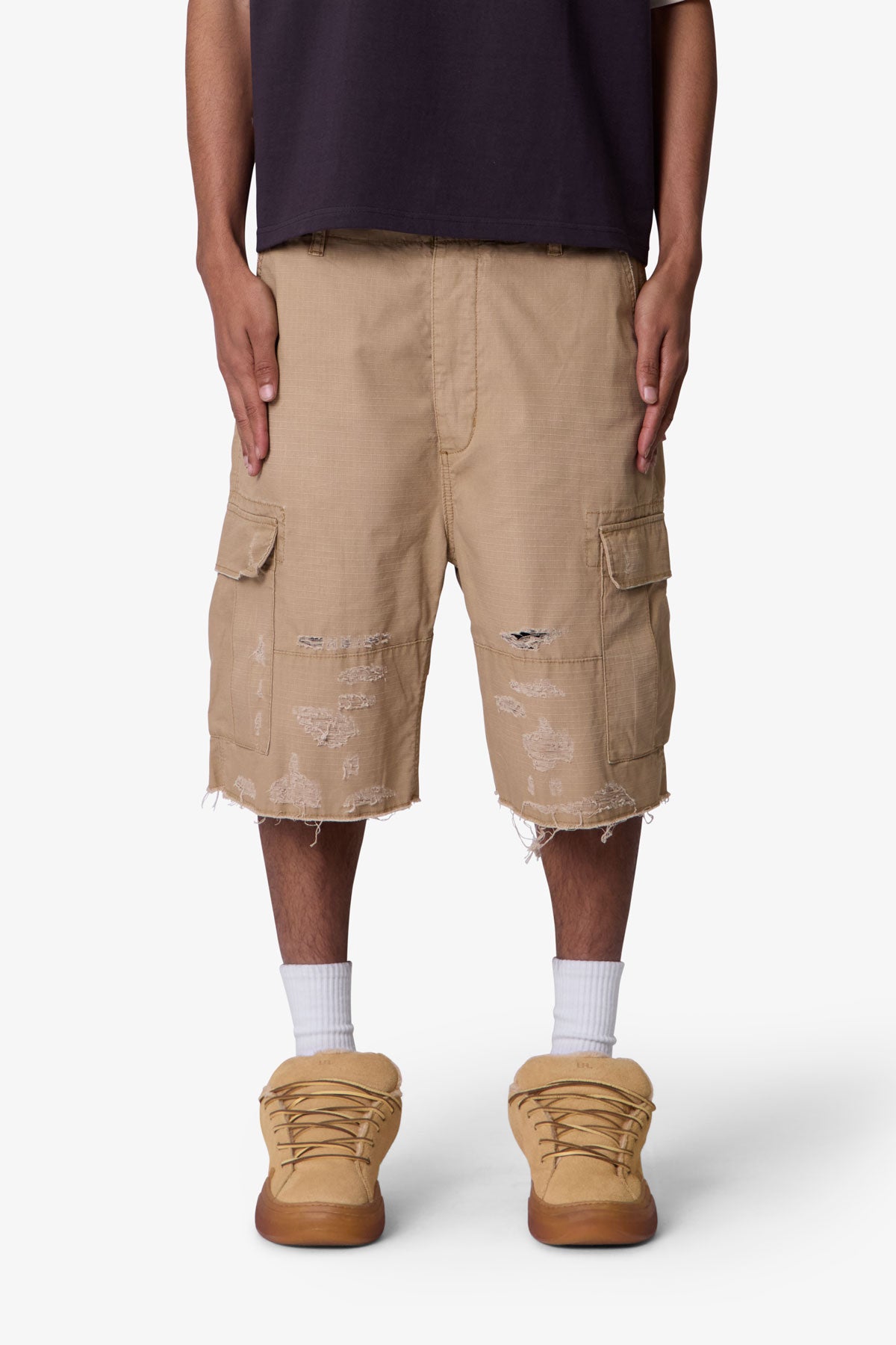 Baggy Distressed Cargo Shorts - Washed Khaki