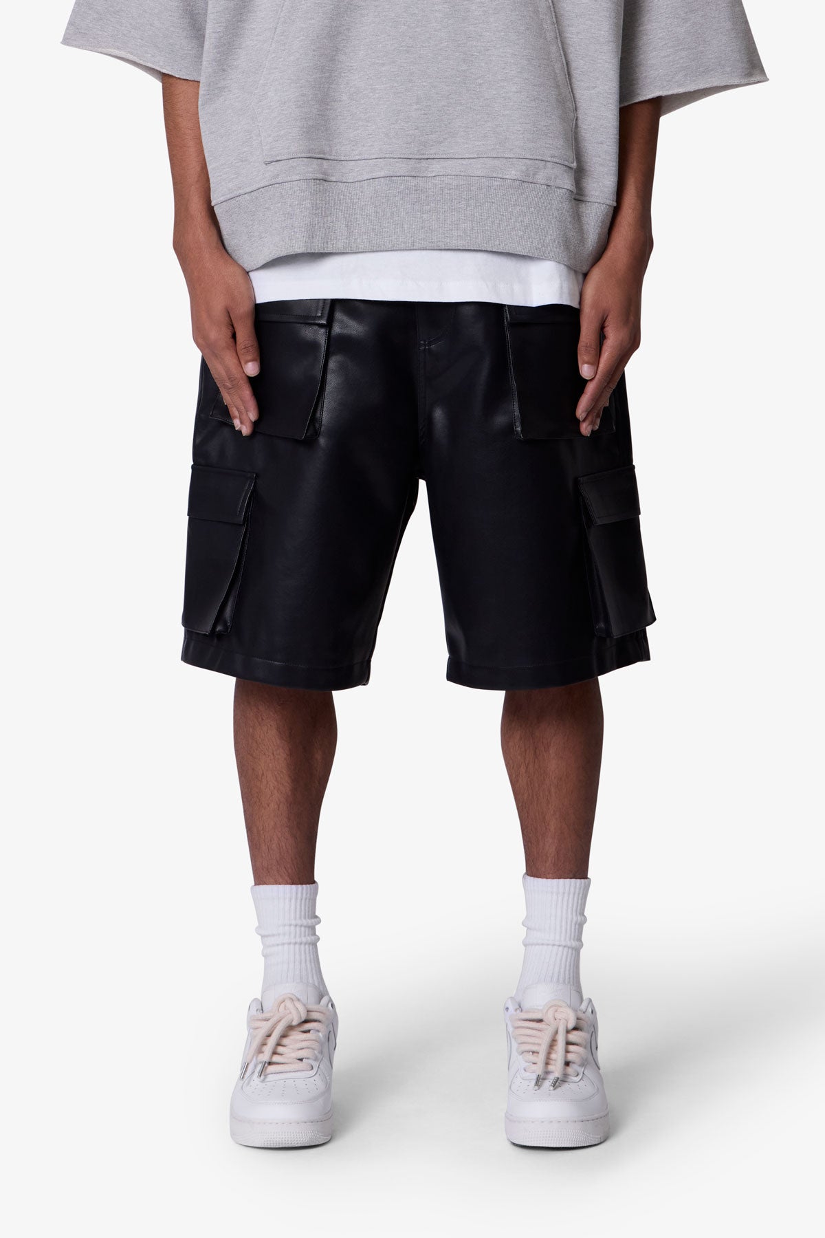 Baggy Leather Cargo Shorts - Black