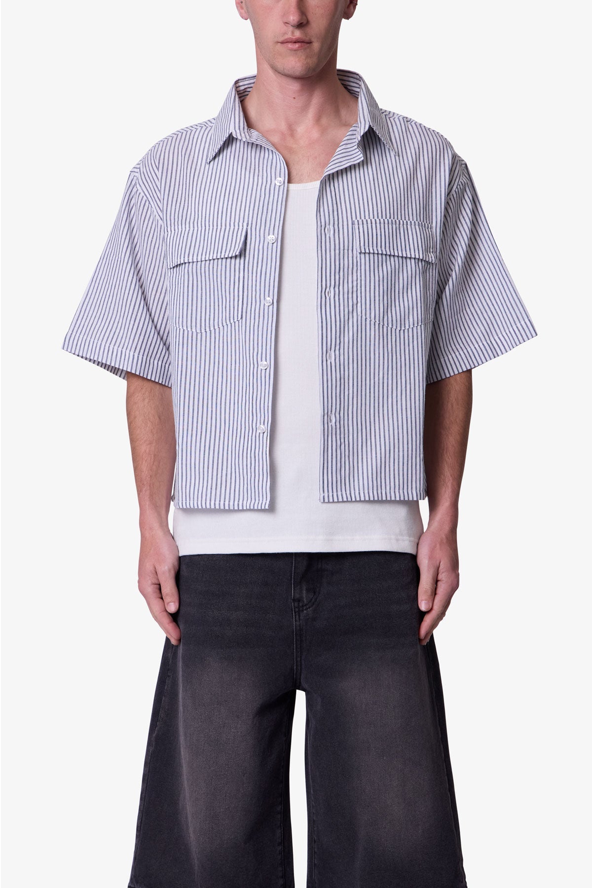 Cropped Boxy Striped S/S Shirt - Blue