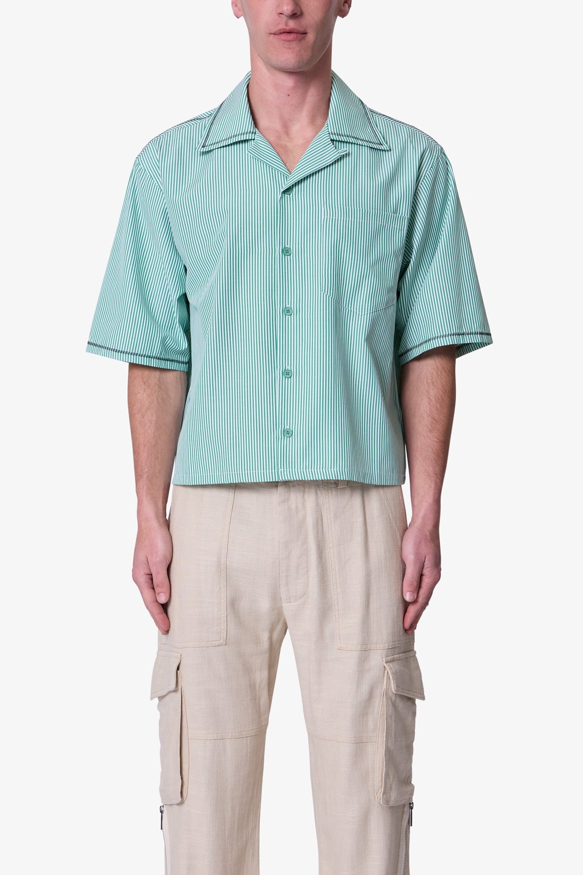 Zig Zag Stitch Button Up Shirt - Green